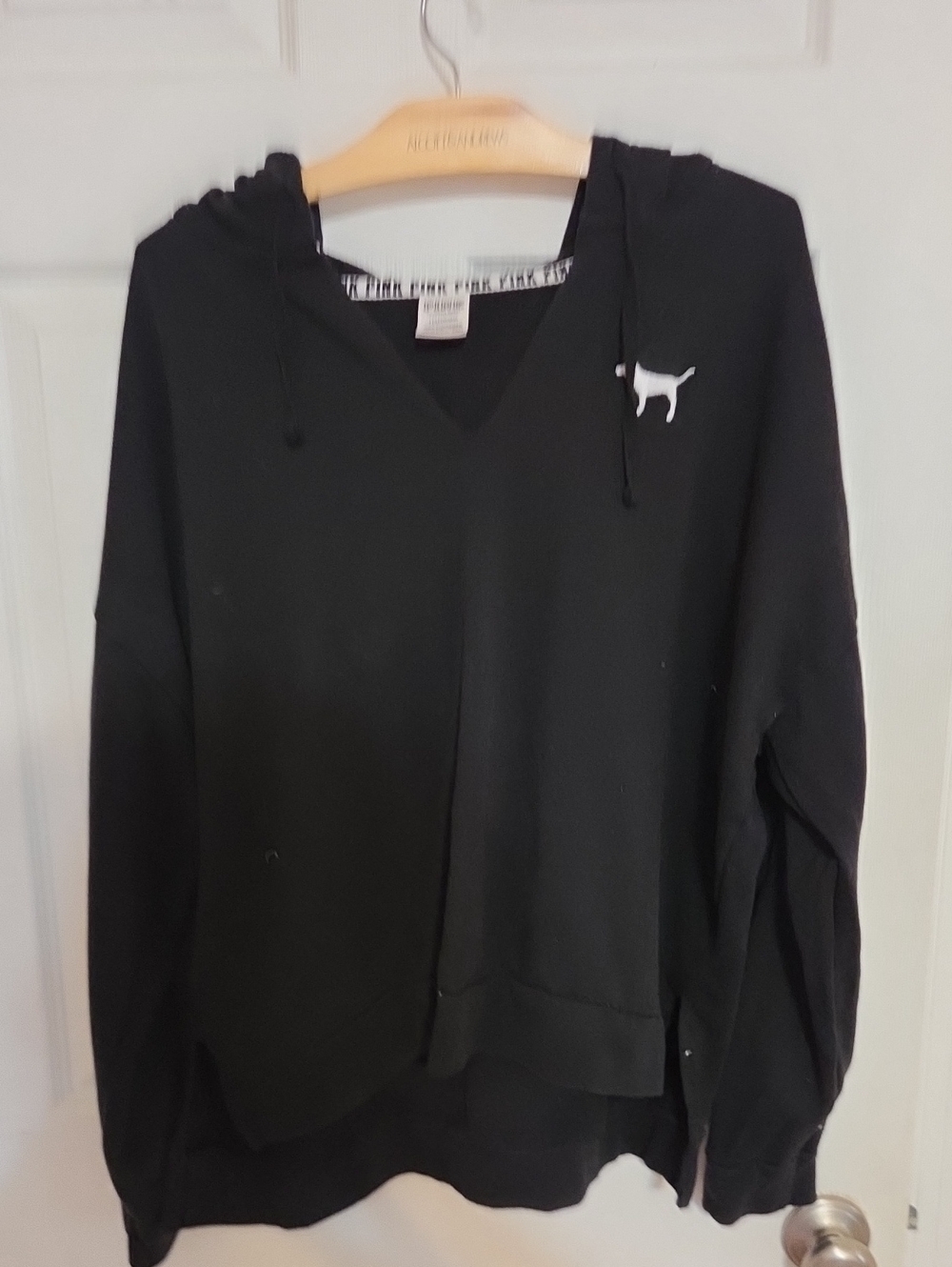 PINK Victoria's Secret Black V‑Neck Hooded Sweatshirt with Dog Logo LARGE